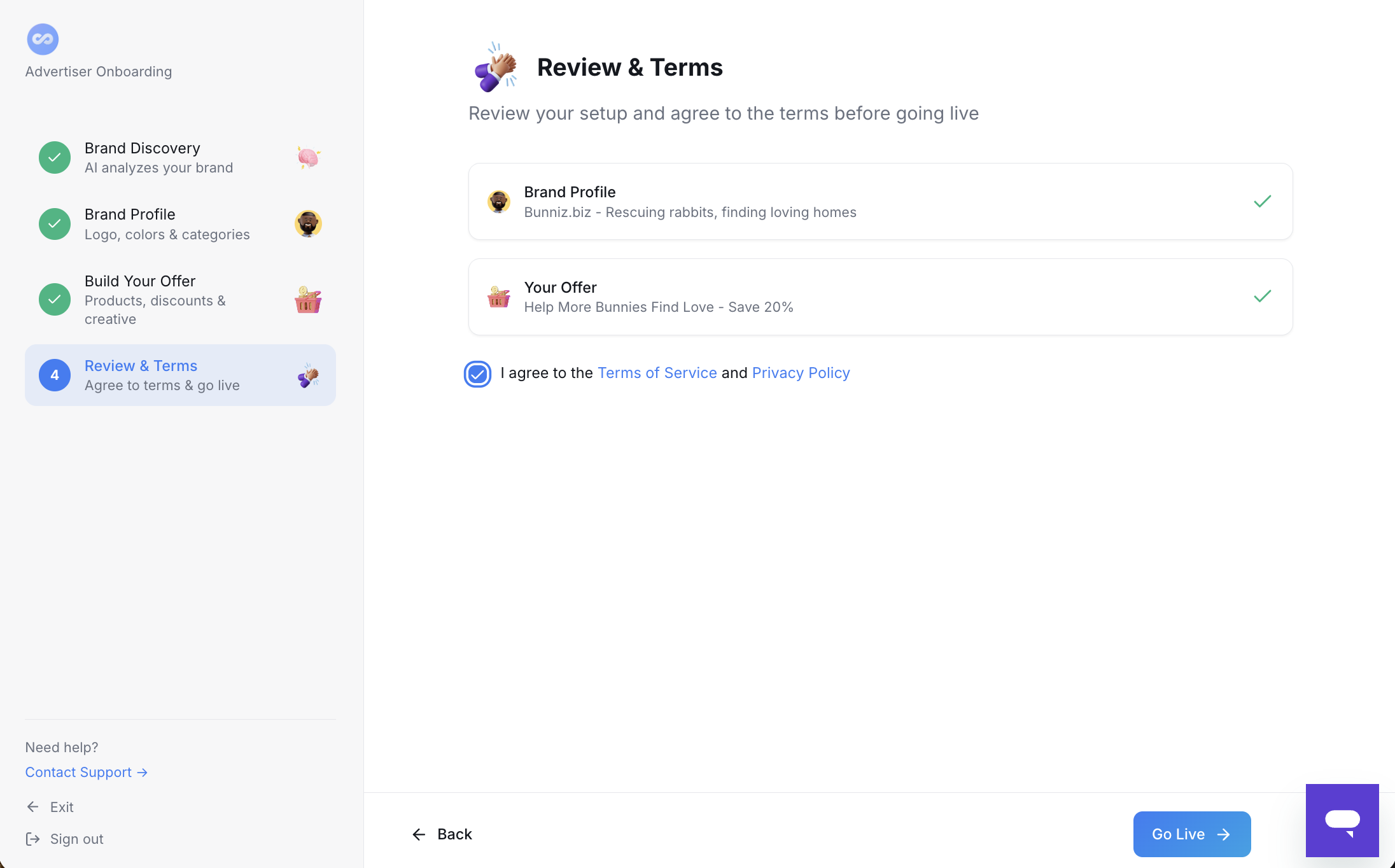 Review &amp; Terms — the final onboarding step before your account is submitted for review