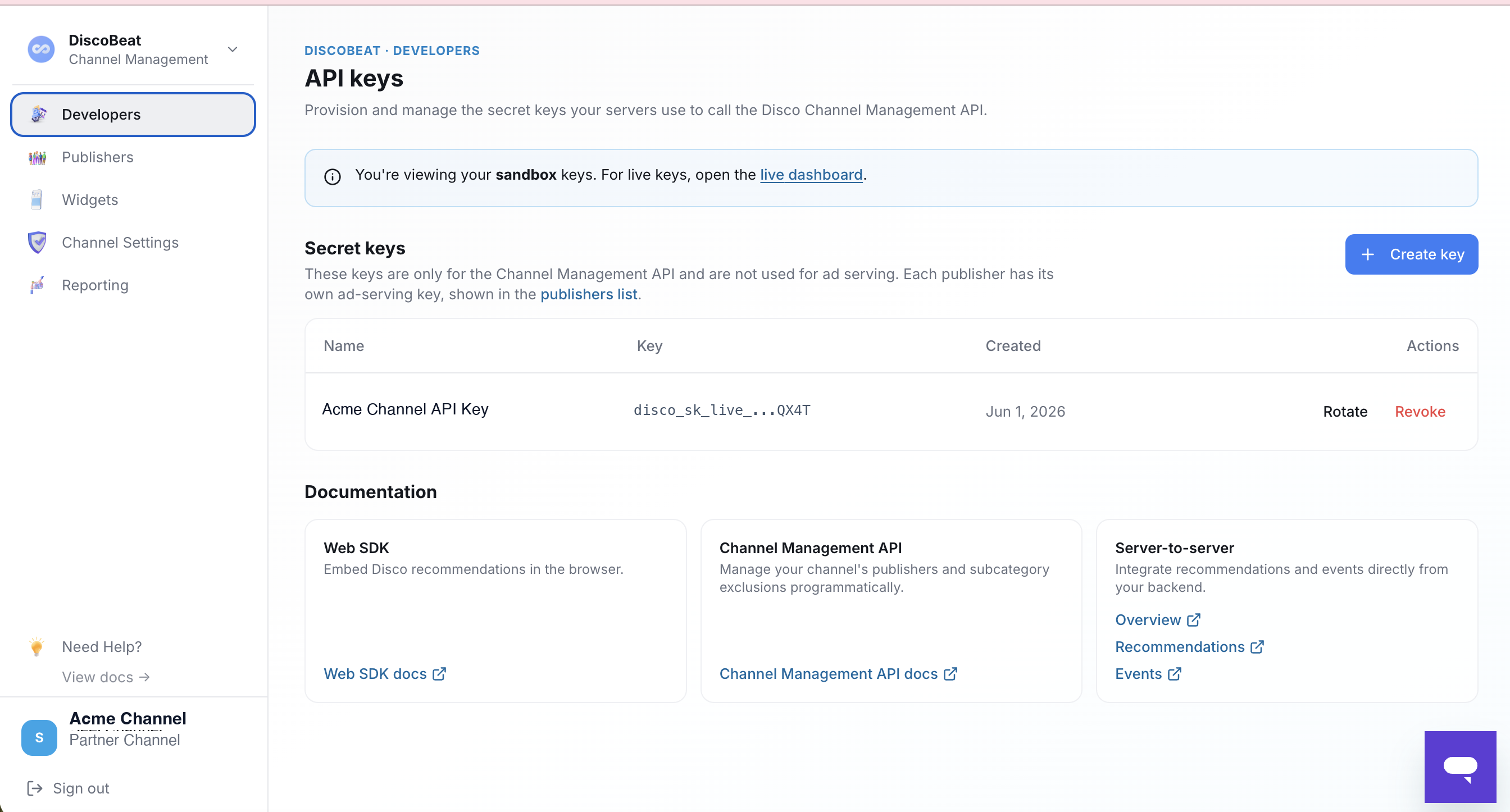 The Developers tab: secret keys for the Channel API, with rotate and revoke controls