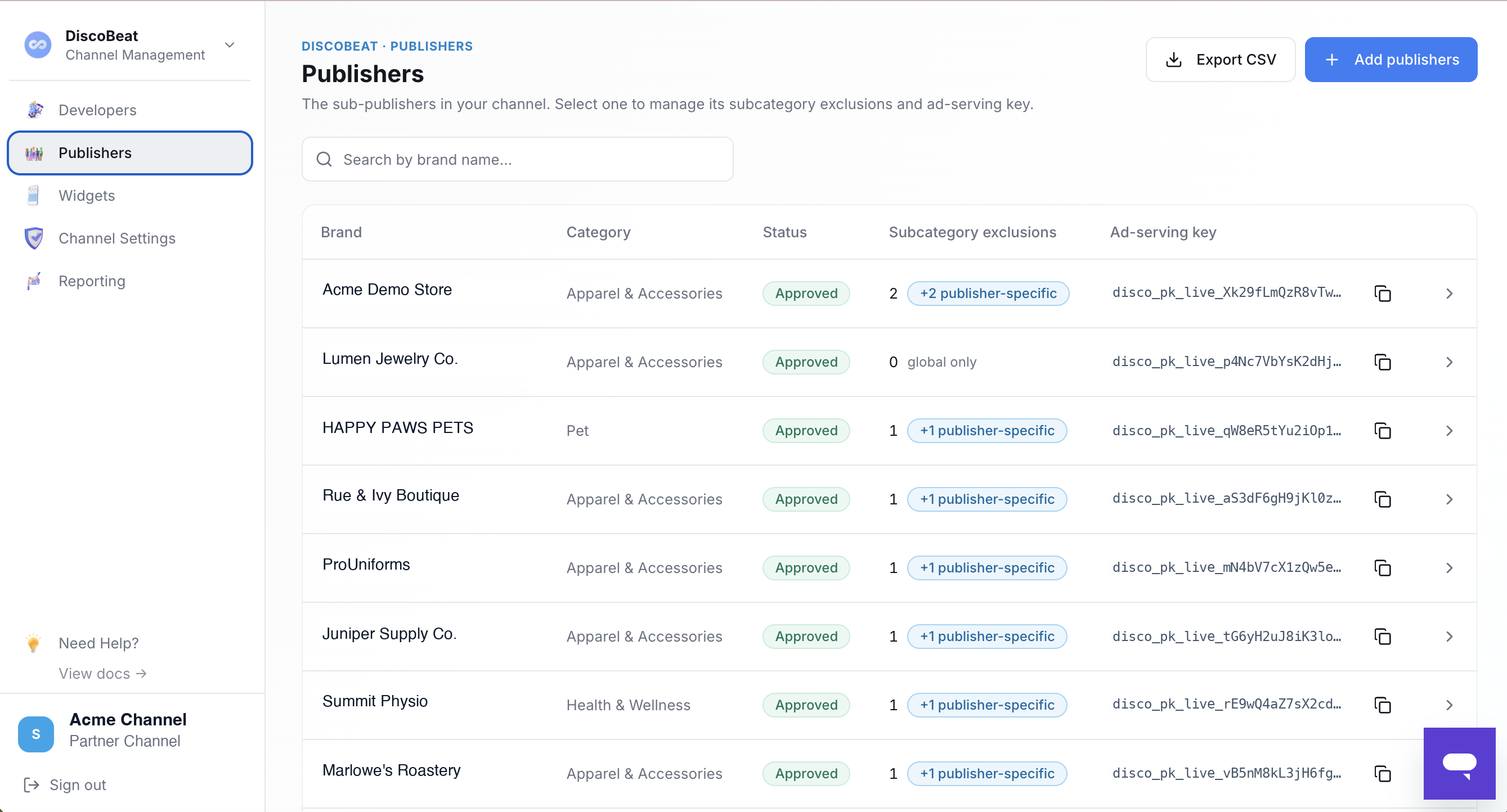 The Publishers tab: status, subcategory exclusions, and each publisher's ad-serving key
