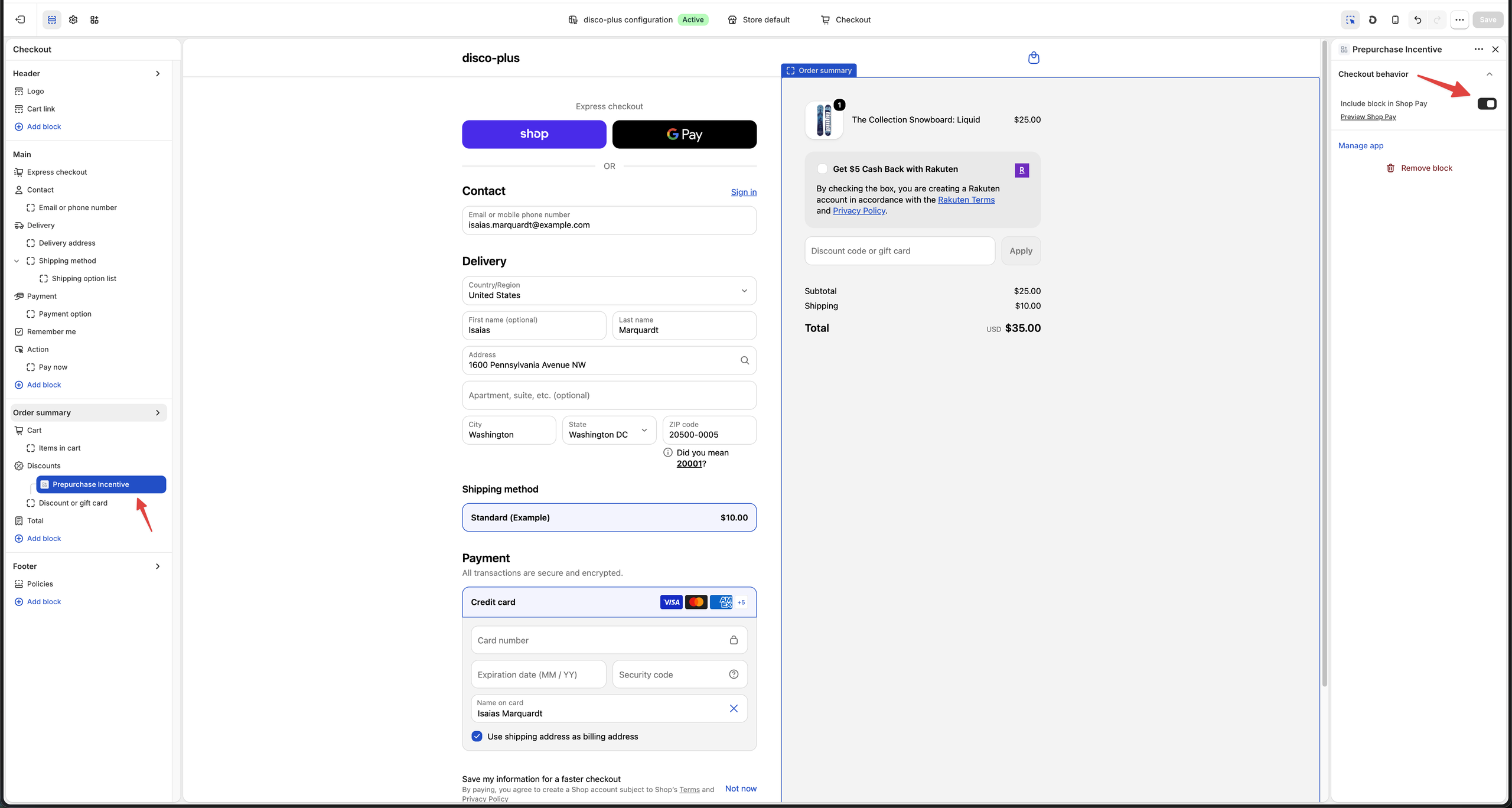 Adding the Prepurchase Incentive block in the Order summary section, with the Shop Pay toggle