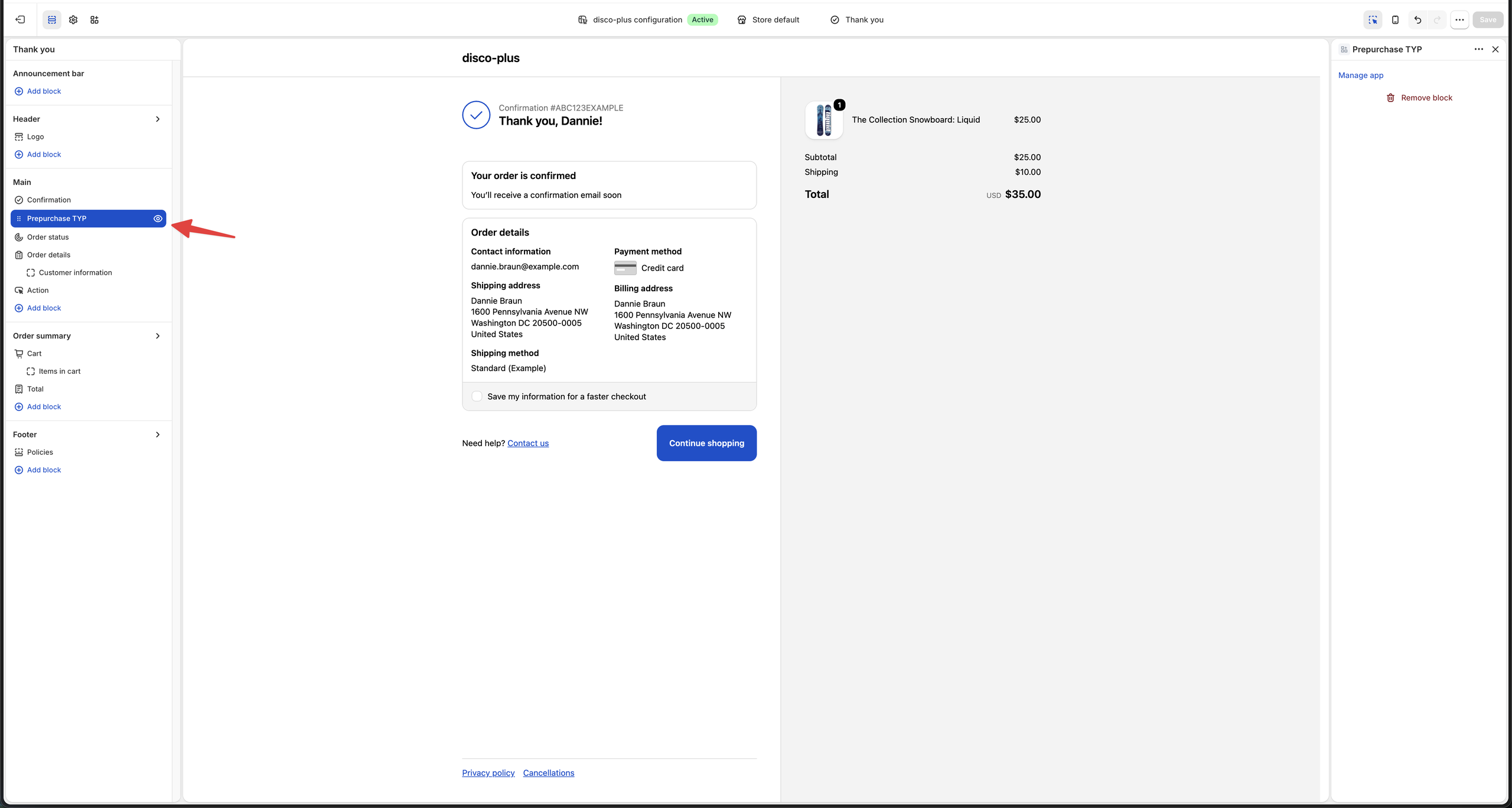 Adding the Prepurchase TYP block on the thank-you page