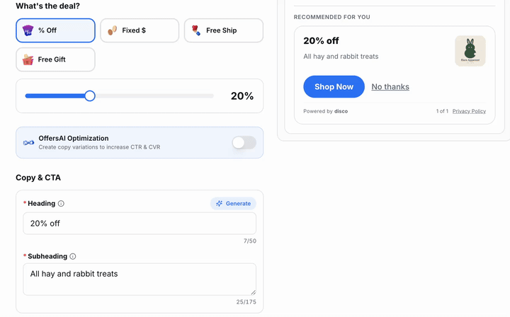 OffersAI in action: toggle on, generate, and copy variations appear with the live preview updating